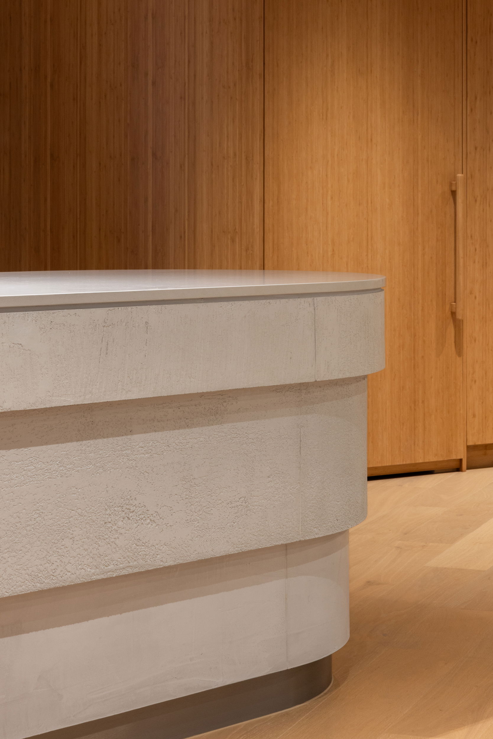 WT new office detail shot of benchtop and engineered bamboo cupboards